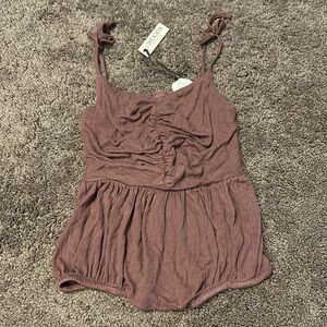 Kate Quinn the woods beechwood modal bamboo spaghetti tie ruched purple romper